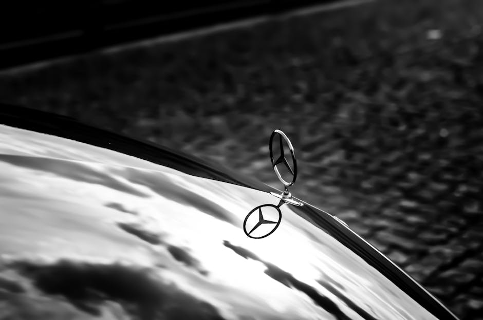 Elegant black and white photograph of a Mercedes hood ornament reflecting on the car's hood.